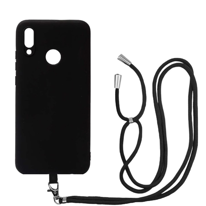 Husa compatibila cu Huawei P20 Lite, Sport Body Lanyard Case, Snur detasabil, Lungime reglabila, 80 cm, Silicon anti-alunecare, Interior de microfibra, Negru