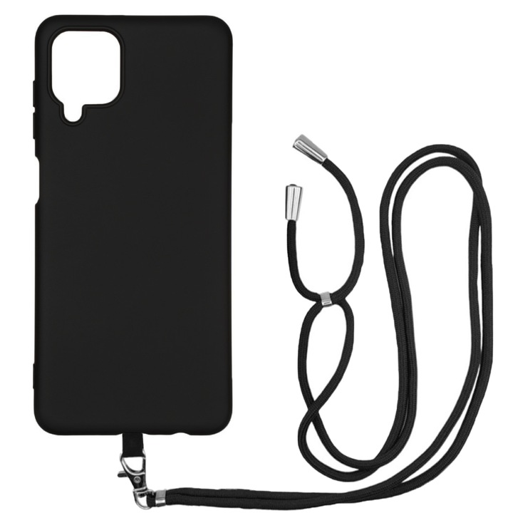 Samsung Galaxy A12 / M12 kompatibilis tok, Sport Body Lanyard Case, Levehető kábel, Állítható hosszúság, 80 cm, Csúszásgátló szilikon, Mikroszálas belső, Fekete