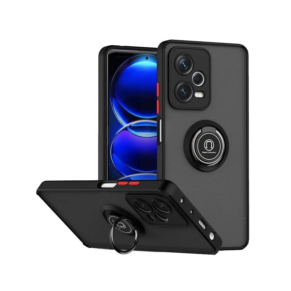 Husa Matte Ring Grip, Compatibil cu Xiaomi Redmi Note 12 Pro 5G, Antisoc Armor, Inel rotativ 360 grade, Magnet suport auto incorporat, Negru
