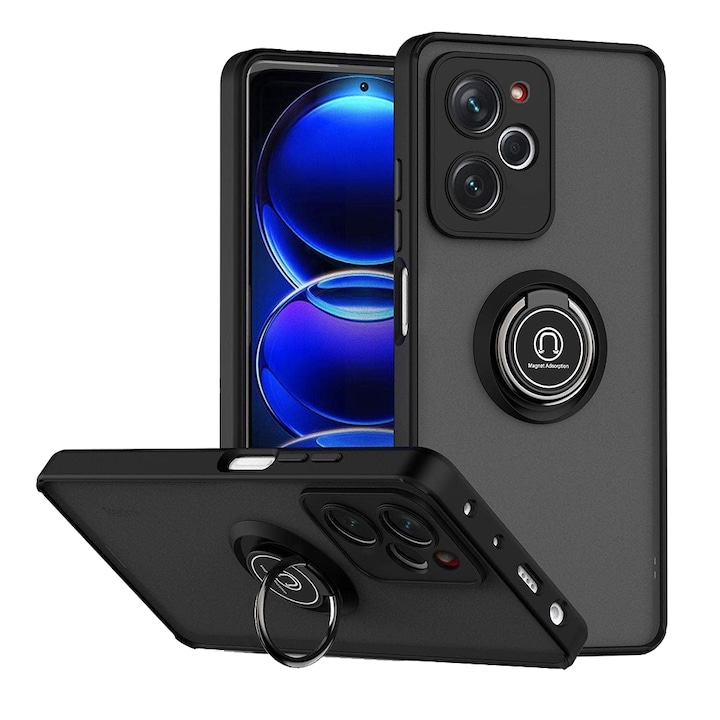 Husa Matte Ring Grip, Compatibil cu Xiaomi Poco X5 Pro 5G, Antisoc Armor, Inel rotativ 360 grade, Magnet suport auto incorporat, Negru