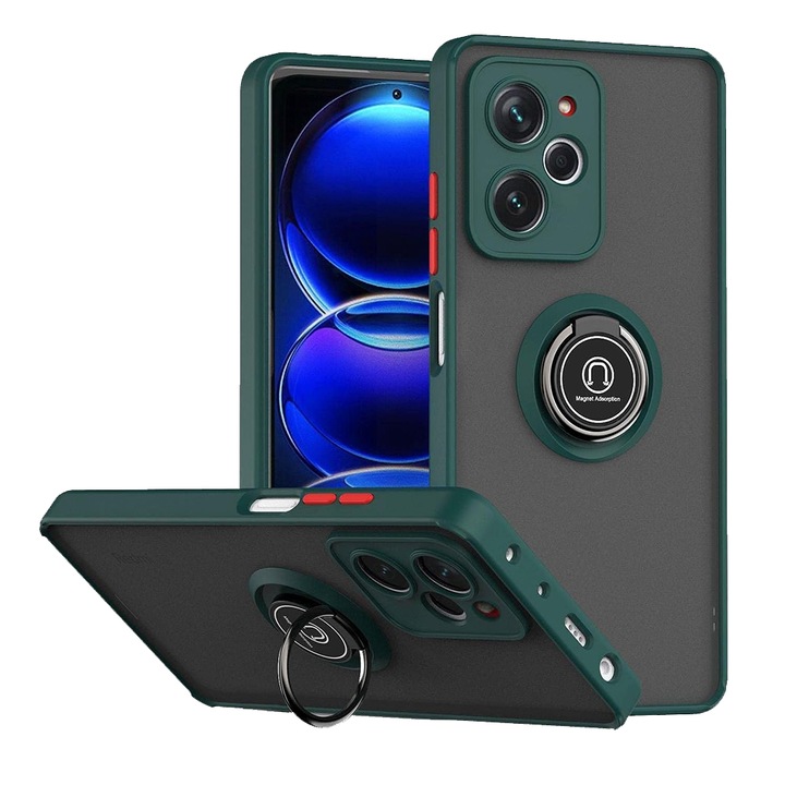 Husa Matte Ring Grip, Compatibil cu Xiaomi Poco X5 Pro 5G, Antisoc Armor, Inel rotativ 360 grade, Magnet suport auto incorporat, Verde Inchis
