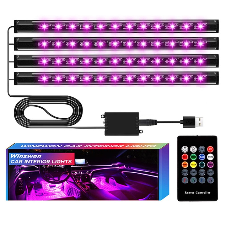 Lumina de atmosfera pentru masina, banda luminoasa de 48 LED, cu port USB, control aplicatie, cu telecomanda fara fir, fara cablare, lumina colorata pentru ritmul piciorului, adeziv puternic de 3 m, negru