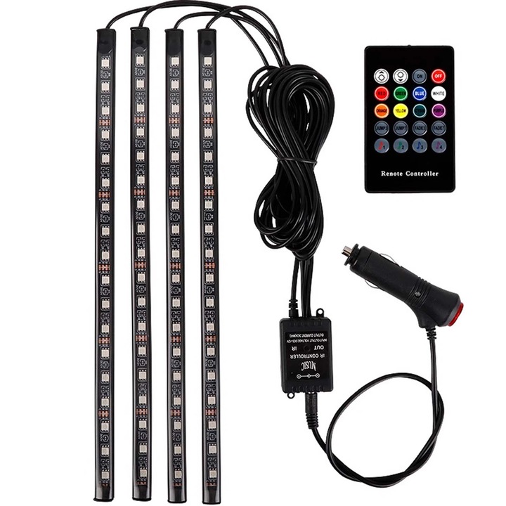 Комплект за осветление на кола, 3м, USB, 48 LED, приложение, дистанционно, без окабеляване, цветна светлина за крачен ритъм, черна