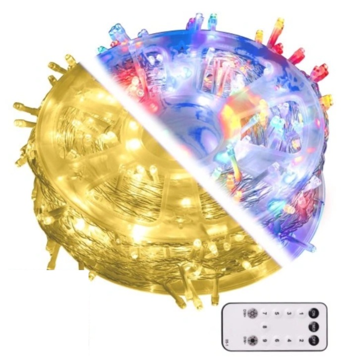 Instalatie de Craciun XXL Liniara Decorativa Ideala pentru Interior / Exterior, Controlata de la Distanta cu Telecomanda, 50 Metri, 500 Led-uri, 8 Jocuri de Lumini, Multicolor