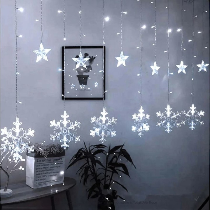 Instalatie Craciun Dalys® perdea luminoasa fulgi de zapada cu stele mici, alb rece