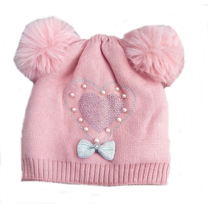 Детска шапка, с два пискюла, за момичета, розова