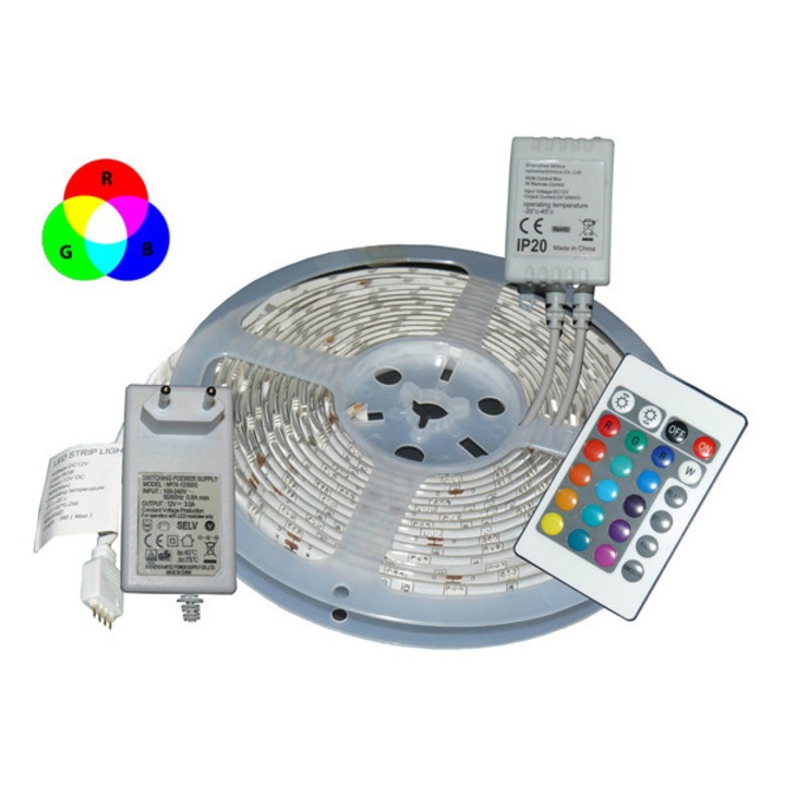 Banda LED, Global, lumina RGB, cu telecomanda cu diverse functii si culori, 5 m, Multicolor