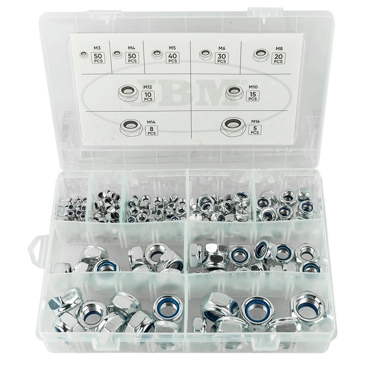 Set 228 piulite autoblocante Jbm, marimi M3-M16, cutie plastic