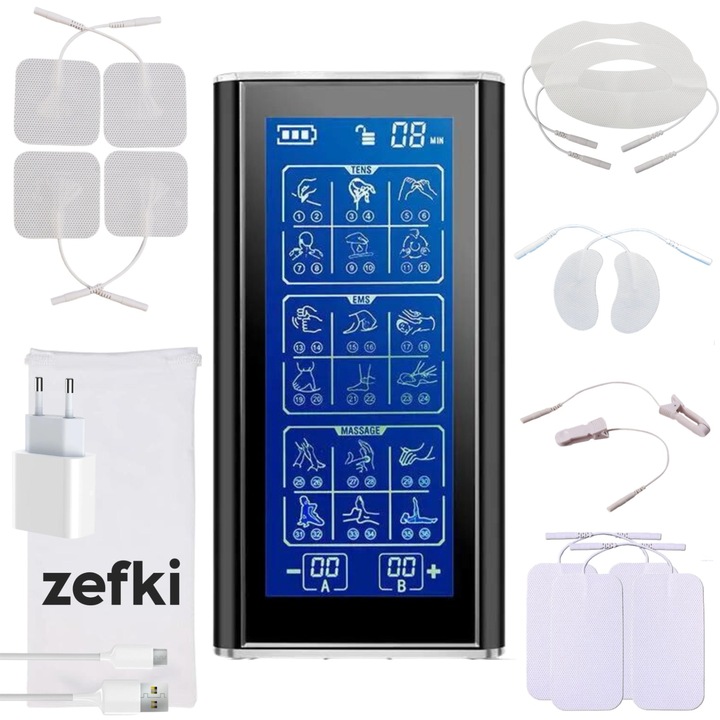 Zefki™ elektrostimulációs és fizioterápiás masszírozó testre és arcra, újratölthető akkumulátor, 36 program, 20 intenzitási szint, 2 egyéni csatorna, 12 elektróda testhez és archoz, 2 fülcsipesz, USB-kábel és védőtok, fekete