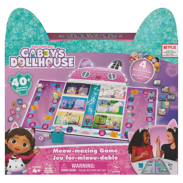Настолна игра, Spin Master, Gabby's Dollhouse, 2-4 играча, 30 минути, 4 ленти с котешки уши, 40 уникални висулки