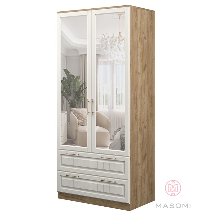 Гардероб MASOMI, ОЛИВИЯ ОГ1000-4-V4WG, Врати с панти, Златен дъб / Бяло дърво, 100х58х220 cm