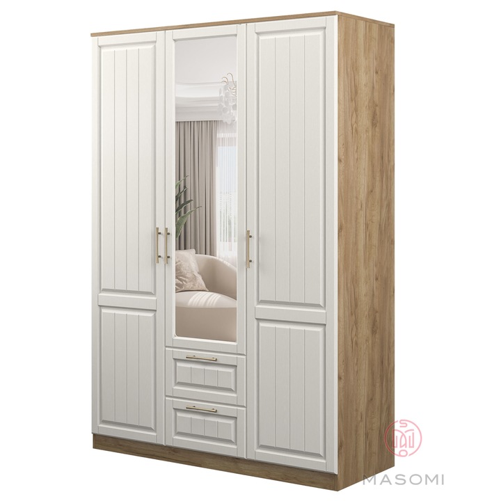 Гардероб MASOMI, ОЛИВИЯ ОГ1500-5-V6WG, Врати с панти, Златен дъб / Бяло дърво, 150х58х220 cm