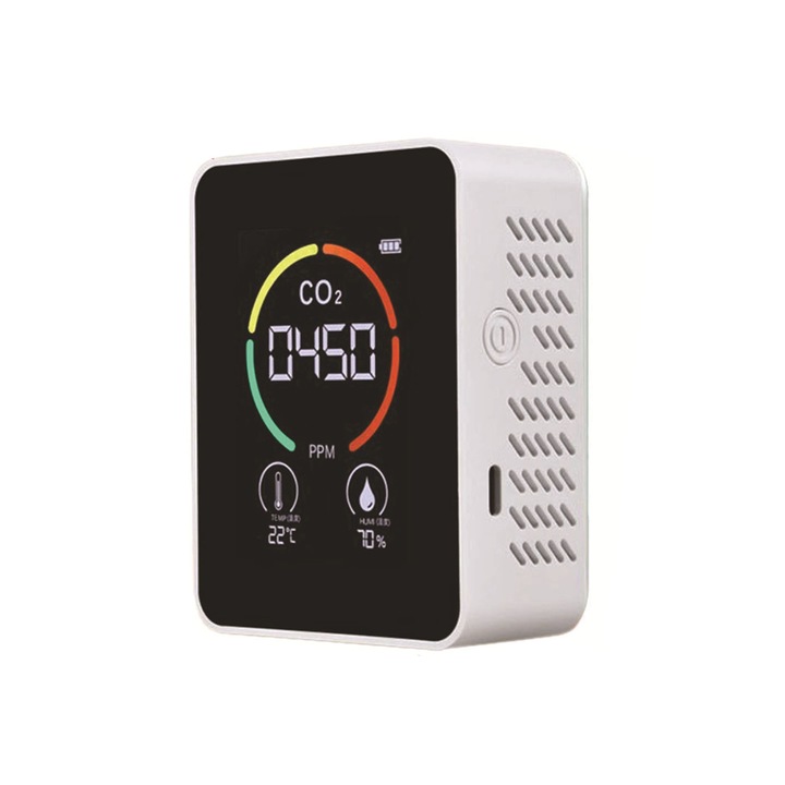 Monitor portabil masurare calitate aer, detector CO2 dioxid de carbon, temperatura si umiditate, Portabil, Alb