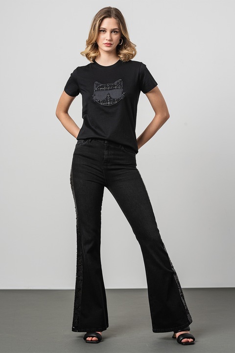 Karl Lagerfeld, Tricou cu decolteu rotund si logo brodat, Negru, M