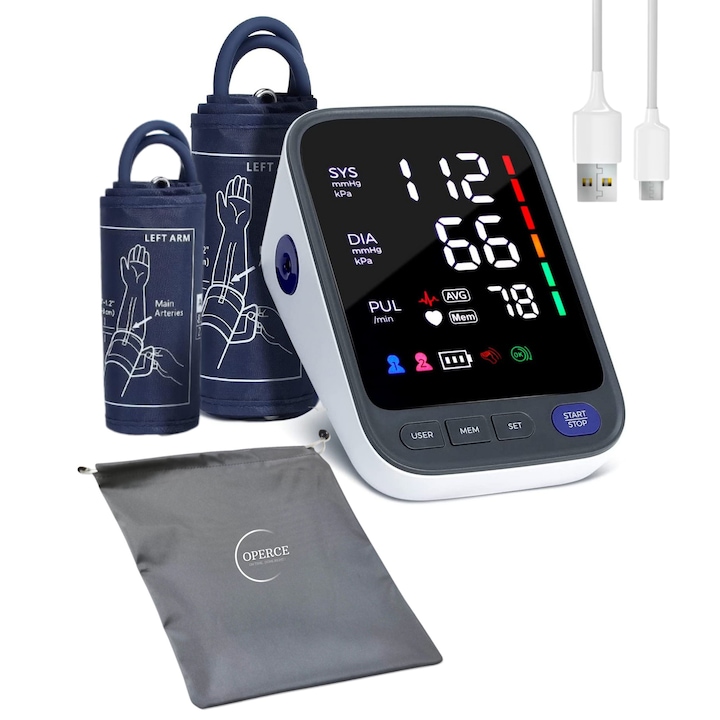 Kar vérnyomásmérő, OPERCE™️LED képernyő, szisztolés/diasztolés vérnyomás, aritmia észlelés, pulzus, 2 felhasználó, 2 x 120 memória, mandzsetta 22-32/22-42 Érvényesített, szürke/fehér