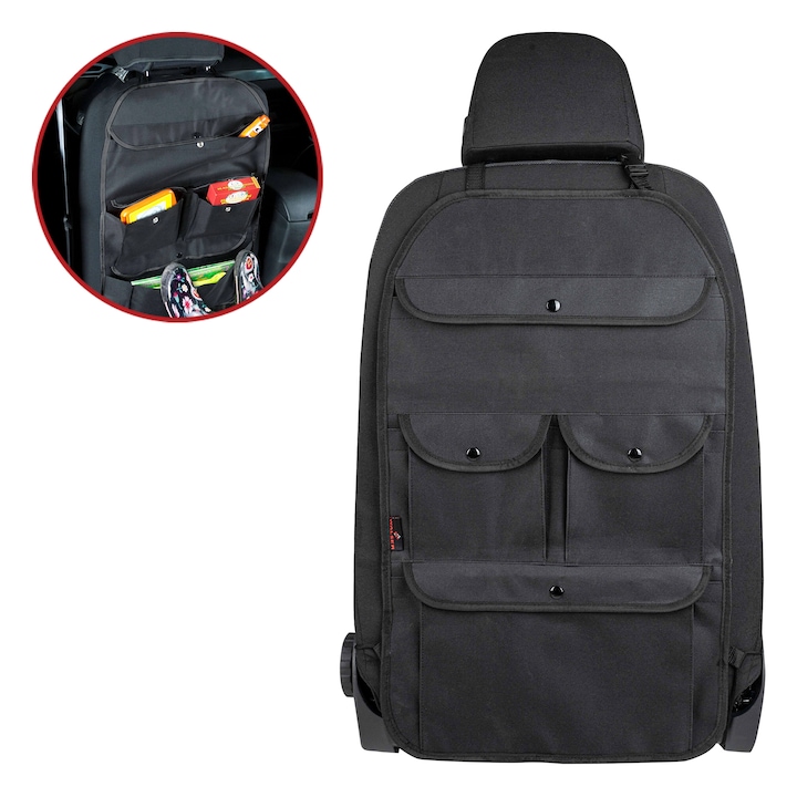 Organizator spatar scaun auto fata cu prindere pe tetiere, Francis, 4 buzunare depozitare, potrivire universala, poliester, Walser, 41 x 67 cm