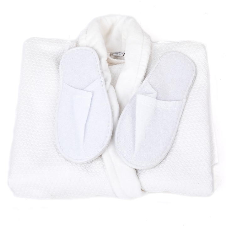 Set cadou Halat de baie, model waffle, alb, unisex, marimea L si papuci frotir albi