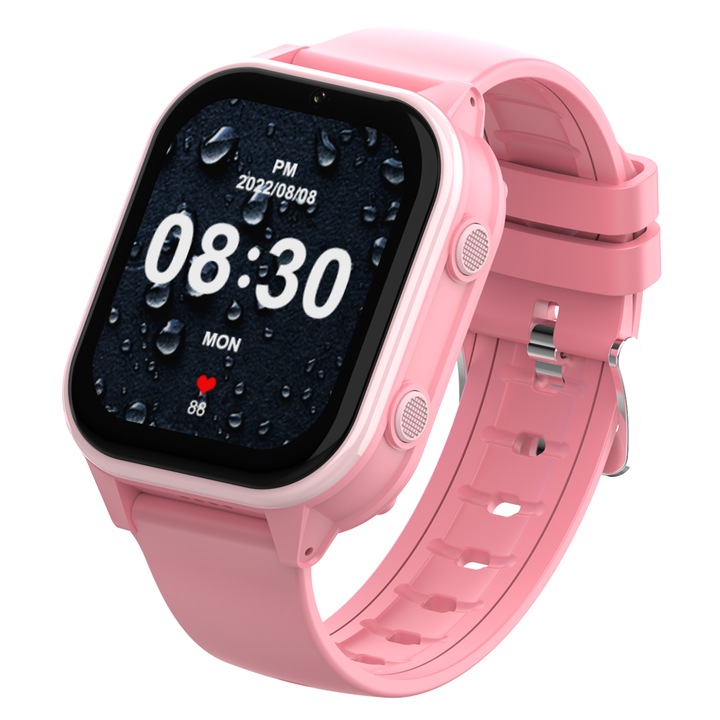 Techone™ KT19T Детски GPS смартчасовник с местоположение и телефон, 1,85 инча RETINA, 4G LTE, температура, видео разговори, HD камера, Wi-Fi, водоустойчив IP67, телефон, SOS бутон, шпионски мониторинг, розов