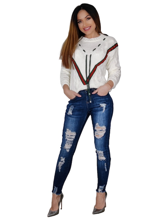 Pulover gros accesorizat cu snur in fata, Alb, S-M