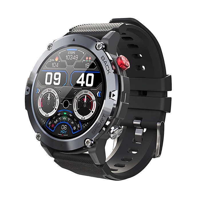 Ceas Smartwatch Sport Watchiu, 1.32 inch, Apel Bluetooth, Multi Sport, Ritm Cardiac Multi Point, Tensiune, Oxigen, curea silicon, anti zgarieturi, difuzor, notificari mesaje, Negru