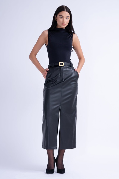 Fusta dreapta cu slituri din piele, Bluzat, Negru, Negru