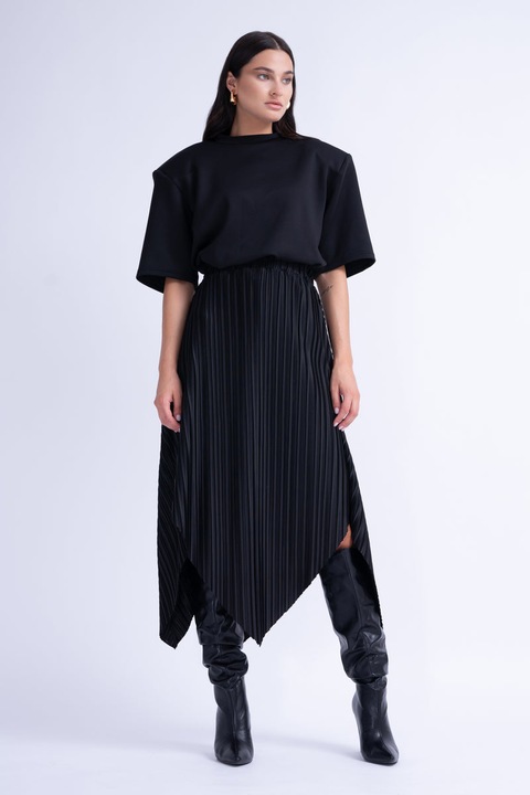 Fusta asimetrica plisata, Bluzat, Negru, Negru