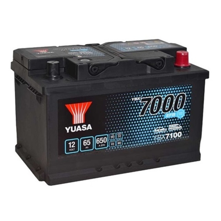 Baterie auto YUASA YBX 7000 EFB YBX7100, 12 V, 65 Ah, 650 A, 277x175x175 mm, borna dreapta plus
