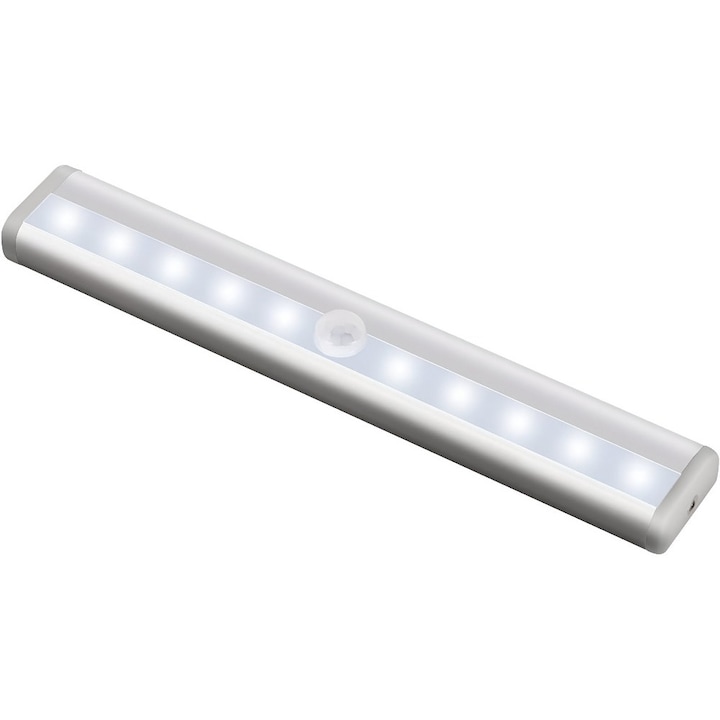 Velixo® LED lámpa, mozgásérzékelővel, 10 LED, 80 lm, vezeték nélküli, meleg fény, automata leállítás, öltözőhöz, konyhaszekrény, fürdőszoba, előszoba, lépcsők, garázs, öntapadó szalag és mágnes, elemes, hordozható, Alumíniumból, 19 cm, Fehér