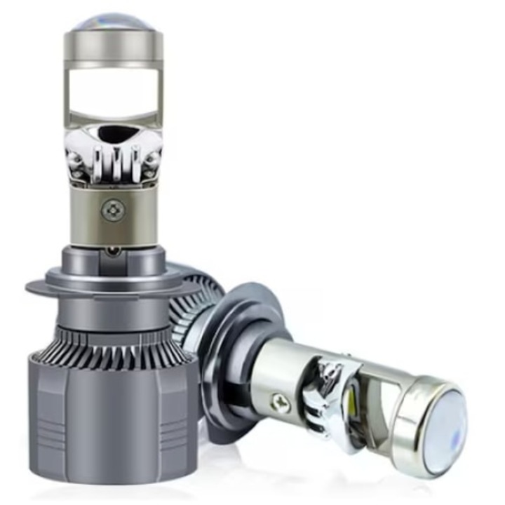 Set 2 becuri LED H7, cu lupa, cu cooler de racire, 220W, tensiunea 12V, dimensiuni 89 x 33 mm, argintiu