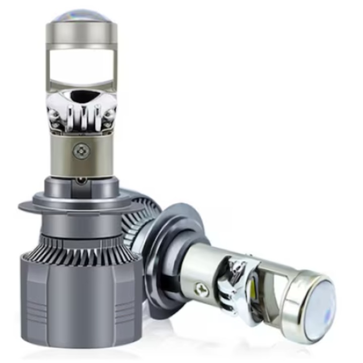 Комплект 2 LED крушки H7, с лупа, с охладител за охлаждане, 220W, напрежение 12V, размери 89 х 33 мм, сребристи