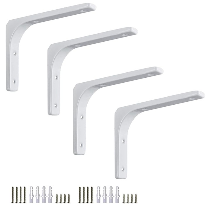 Set 4 Suport raft simplu, GOGOU®, 200x150mm, Inox, Cu suruburi, Alb