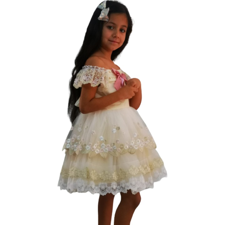 Rochita printese, brodata manual, talie inalta, Crem