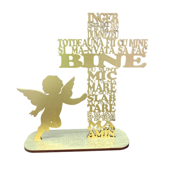 Cruce din lemn cu rugaciunea Inger Ingerasul meu, cu simbol baiat-HDF 4mm, cu suport, argintiu, 30cm