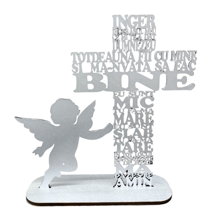 Cruce din lemn cu rugaciunea Inger Ingerasul meu, cu simbol-HDF 4mm, cu suport, argintiu, 40cm