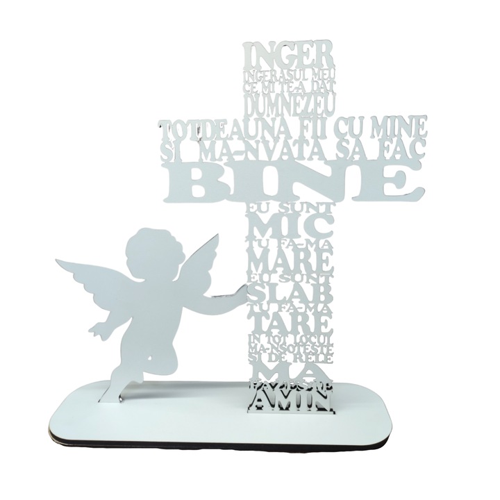 Cruce din lemn cu rugaciunea Inger Ingerasul meu, cu simbol-HDF 4mm, cu suport, alba, 40cm