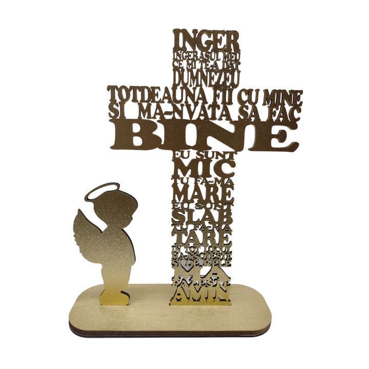 Cruce din lemn cu rugaciunea Inger Ingerasul meu, cu simbol baiat-HDF 4mm, cu suport, auriu 40cm