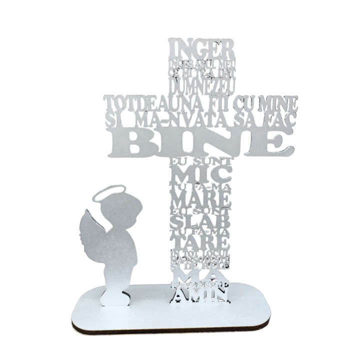 Cruce din lemn cu rugaciunea Inger Ingerasul meu, cu simbol baiat-HDF 4mm, cu suport, argintiu, 40cm