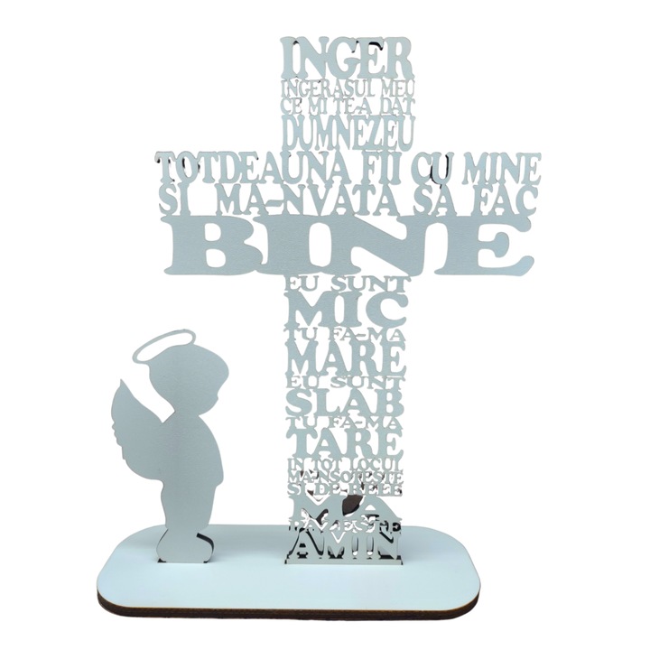 Cruce din lemn cu rugaciunea Inger Ingerasul meu, cu simbol baiat-HDF 4mm, cu suport, alba, 30cm