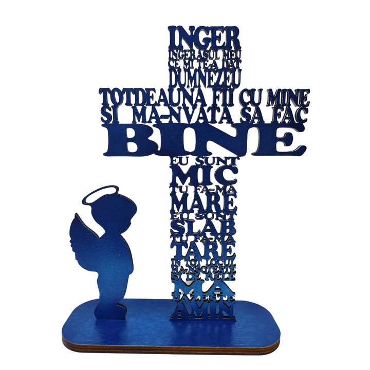 Cruce din lemn cu rugaciunea Inger Ingerasul meu, cu simbol baiat-HDF 4mm, cu suport, albastru sidefat, 30cm