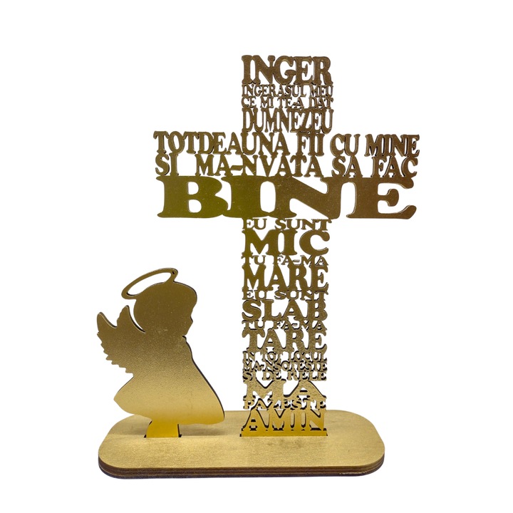 Cruce din lemn cu rugaciunea Inger Ingerasul meu, cu simbol fetita-HDF 4mm, cu suport, auriu, 40cm