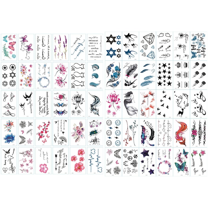 Set de 2 bucati de 60 de autocolante pentru tatuaje, Aisdelu®, Multicolor