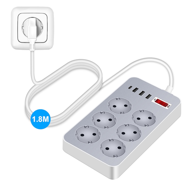 Prelungitor Fast Charge, Xinxu, 6 Prize, 3 Porturi USB A, 1Port USB-C, HighPower, Functie supratensiune, protectie copii, anti-static, intrerupator, cordon 1.8 m, Potrivita pentru Birou si Acasa, Alb