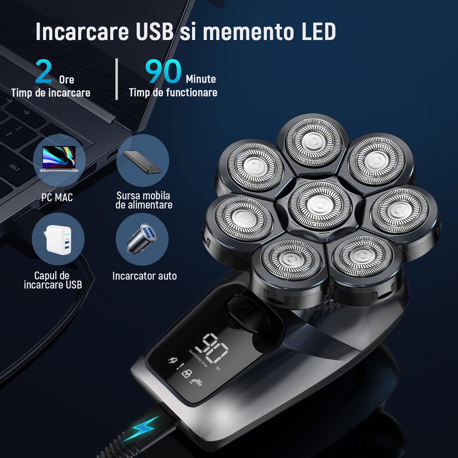 Aparat de ras electric 6 in 1, cu 6 capete, afisaj LED, Wet&Dry ...