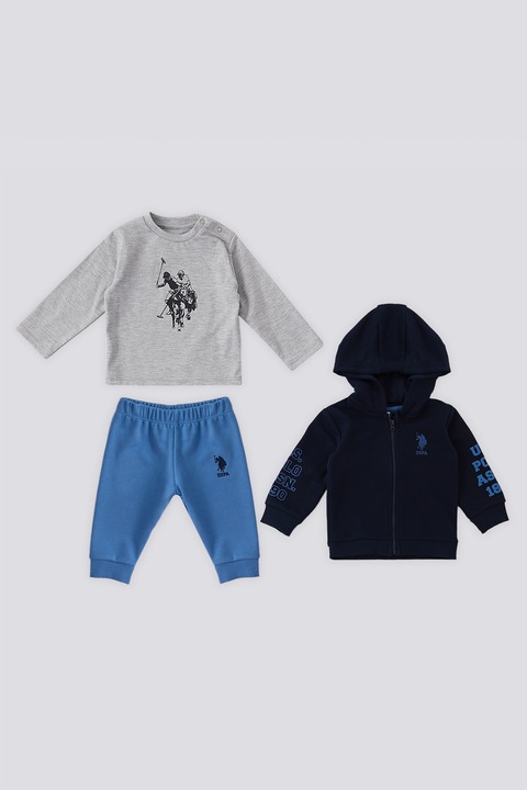 U.S. Polo Assn., Set de bluza, hanorac si pantaloni de trening, Gri melange/Bleumarin