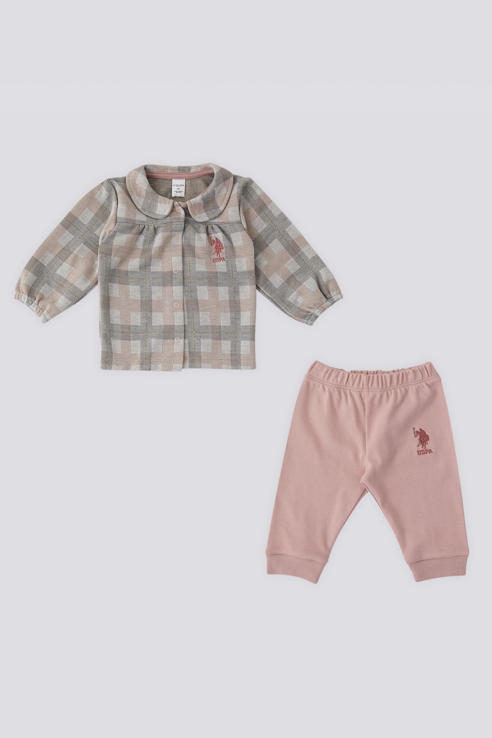 U.S. Polo Assn., Set de bluza de in carouri si pantaloni de trening, Gri, Roz, 86-92 CM