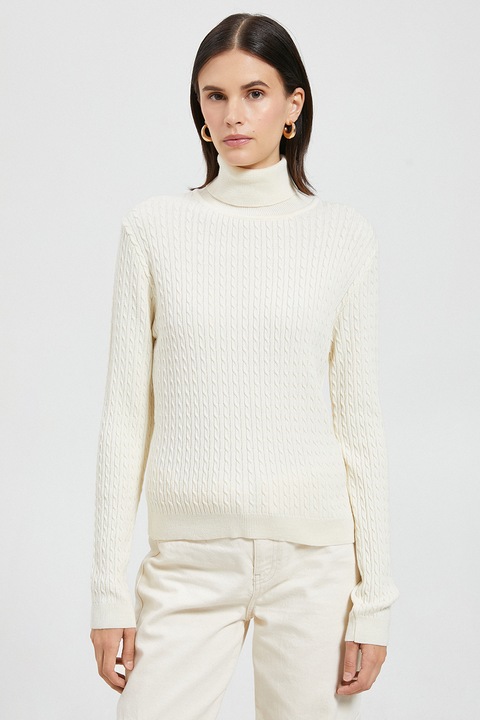 KOTON, Pulover cu torsade si guler inalt, Alb optic, S