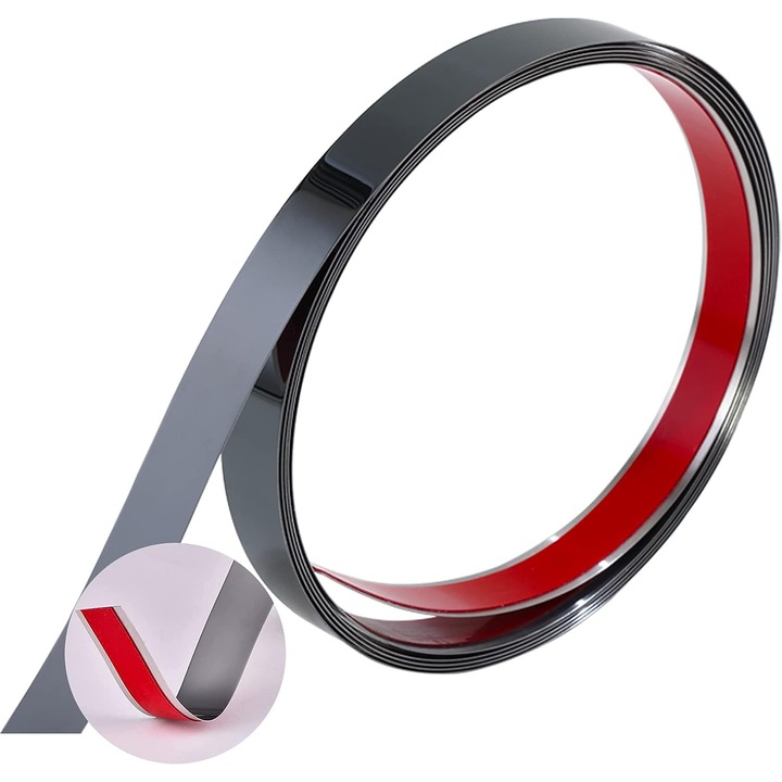 Banda Decorativa Autoadeziva din Otel Inoxidabil Nichelat, NEGRU - BLACK, cu Efect de Oglinda 8K, 2 cm x 5 metri, pentru Pereti, Tavan si Mobila, MaffStuff