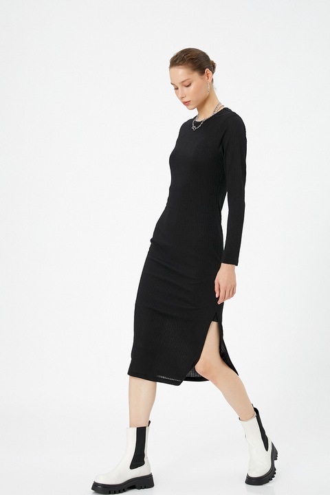 KOTON, Rochie midi striata cu slit lateral, Negru
