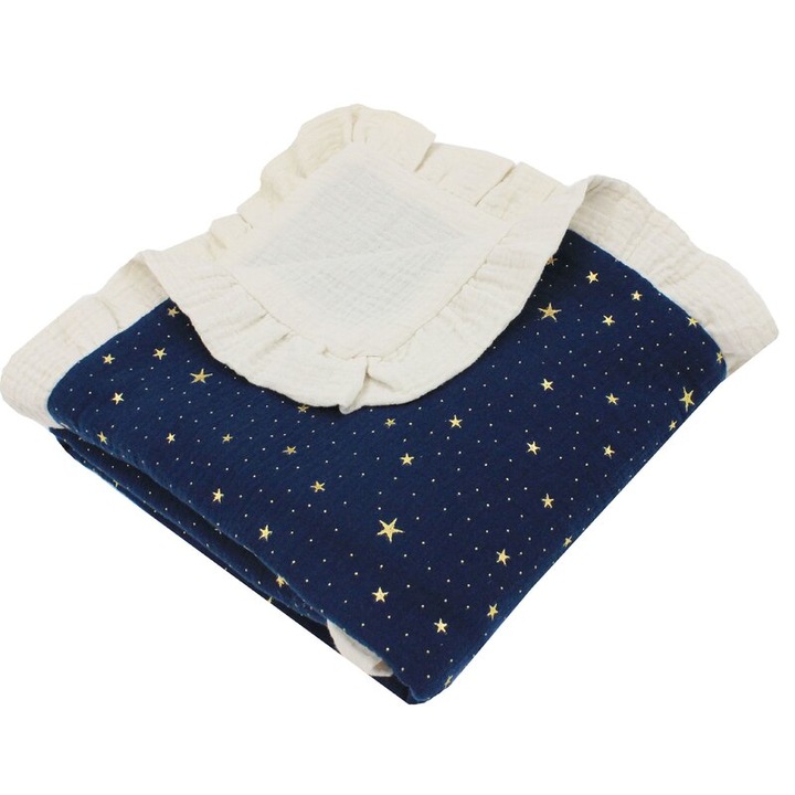 Paturica dubla muselina, Metalic Stars cu volanas, bleumarin, 100x80 cm