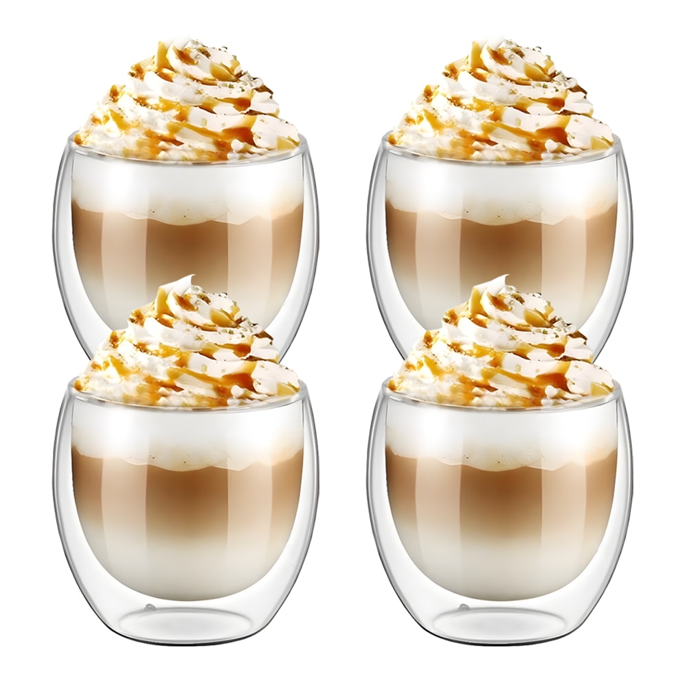 Set 4 Pahare din Sticla cu Perete Dublu Teno®, termorezistente, design modern, capacitate 250 ml, 9 x 8 cm